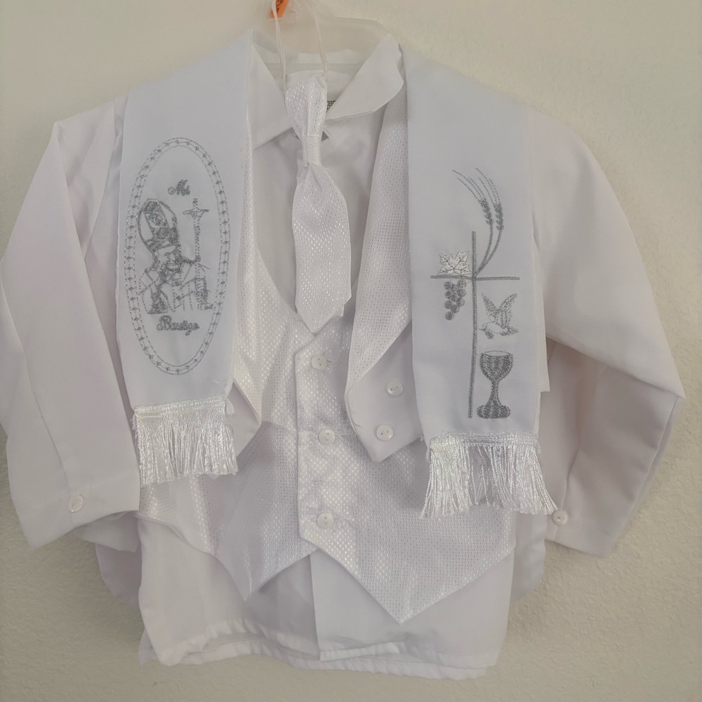White Formal Baby Outfit with Tie and Vest Size 4